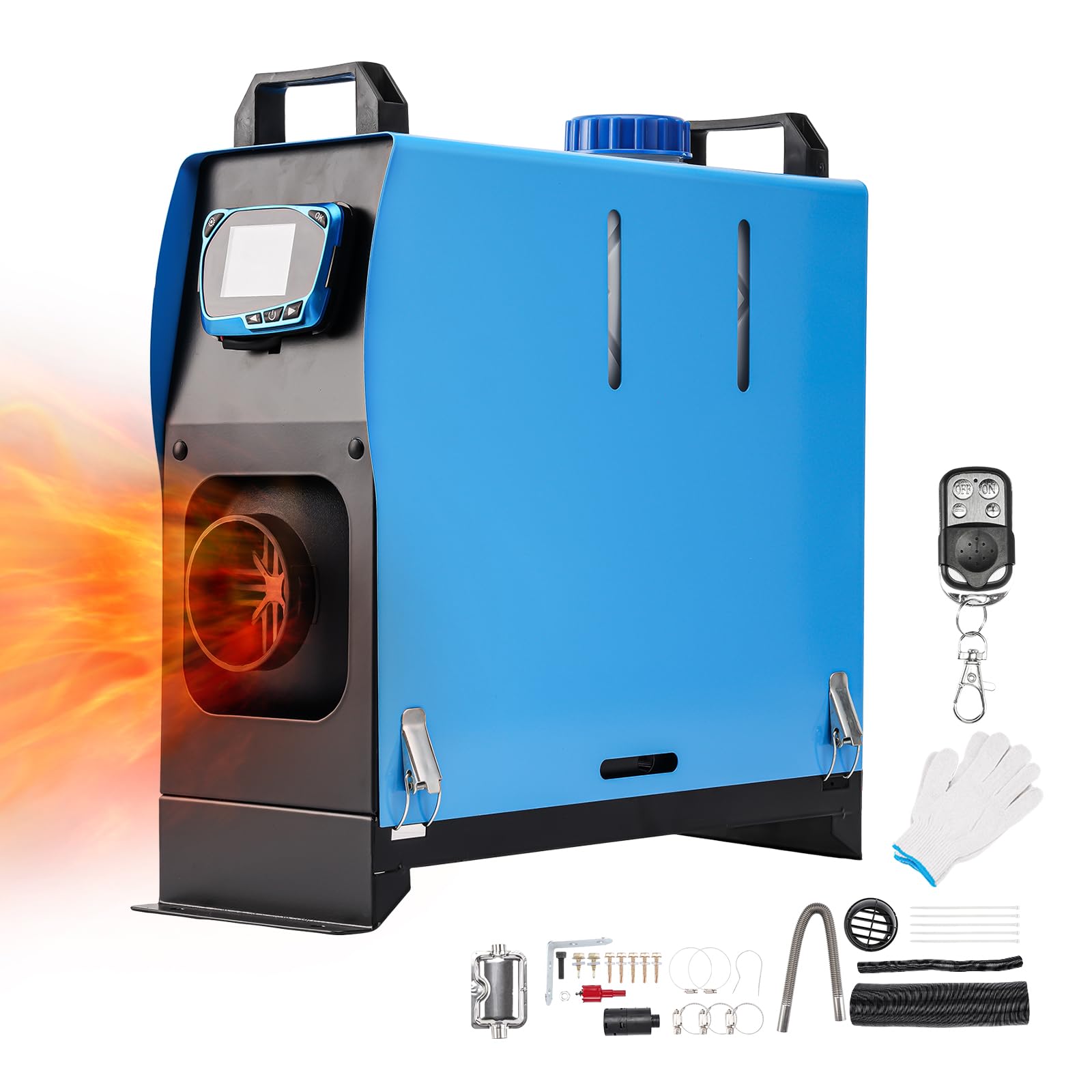 12 V, 5 kW, wielofunkcyjny, jednootworowy, szybki podgrzewacz powietrza na olej napędowy z pilotem, cyfrowym monitorem do garażu, kamperów, pojazdów kempingowych, ciężarówek, przyczep i łodzi (niebi