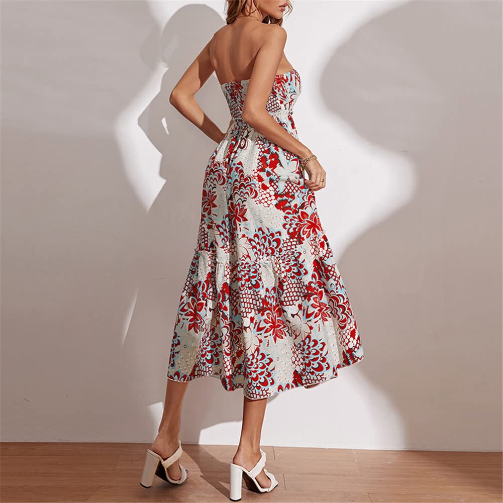 Vsadsau Vestido largo de verano para mujer, ajustado, sin mangas, estampado floral, vestido midi para fiesta de playa