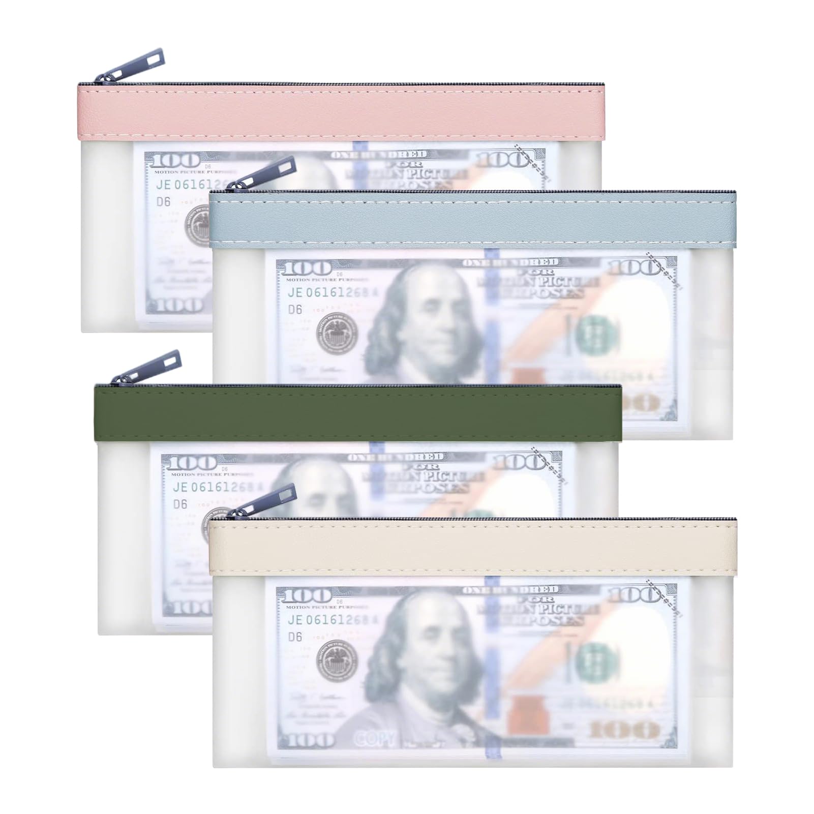 Brilovent 4 Pcs Money Bags with Zipper, Clear Cash Envelopes Coin Purse, Money Envelopes for Cash Saving, Moneys Wallet for Cashed Check Receipt Organizer