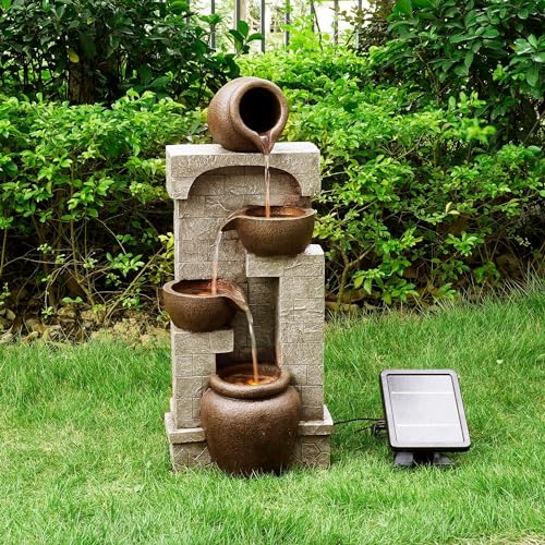 Image of Teamson Home 28 in. Cascading Bowls and Stacked Stones LED Outdoor Water Fountain for Outdoor Living Spaces to Create a Calming Oasis in Gardens and Landscaping, on Patios, Balconies, Lawns, Brown | Outdoor Water Fountain, For Gardens and Landscaping, For Patios, Balconies, Lawns, Creates Calming Oasis