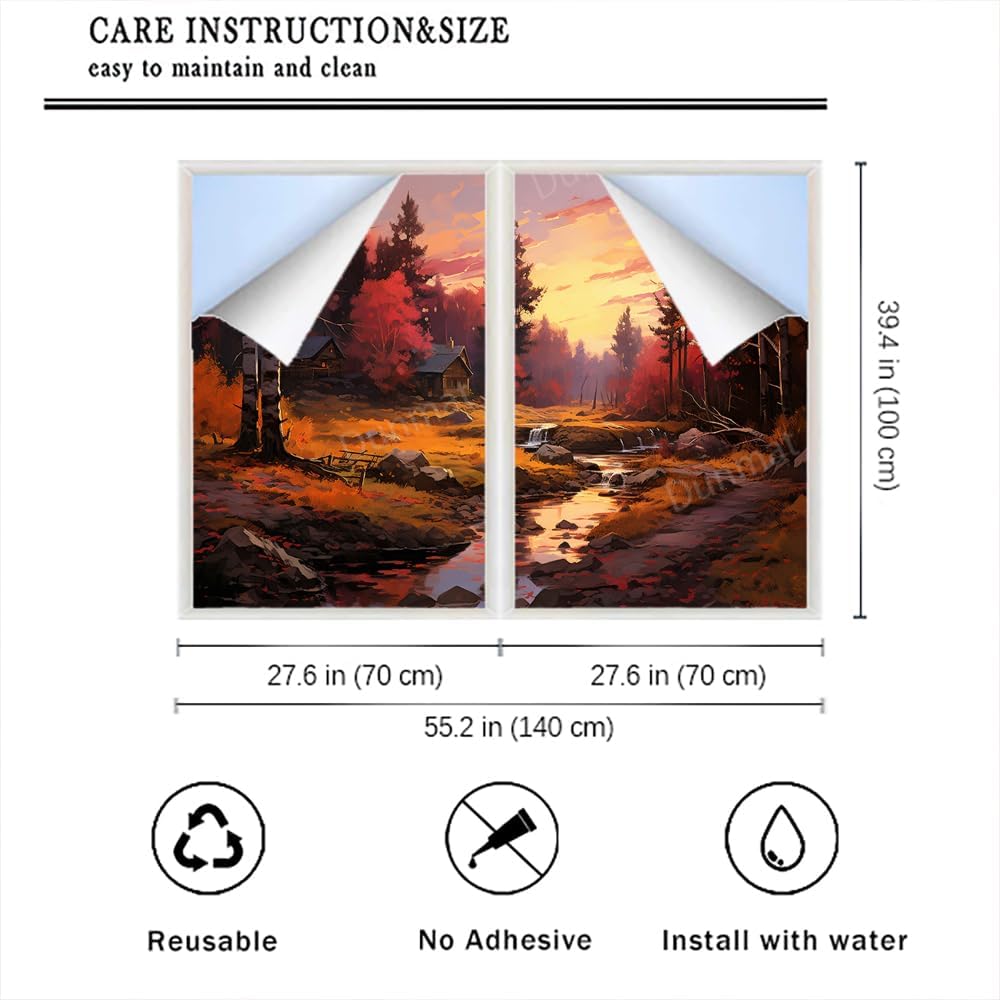 Abstract Fall Cottage Frosted Window Privacy Film Fantasy Woods River Watercolor House Window Film Adhesive Glass Sticker Coverings for Home Decorative 27.6Wx39.4L-inch x2 Pcs