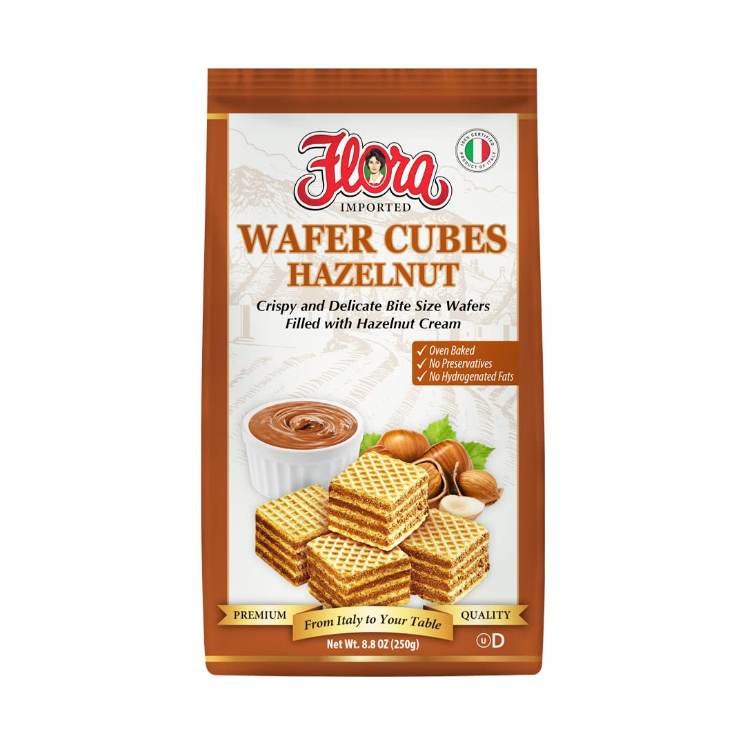 Flora Imported Wafer Cubes Hazelnut | Filled, Crispy and Delicate Bite Size Wafers | Filled with Hazelnut Cream | Oven Baked | 100% Italian