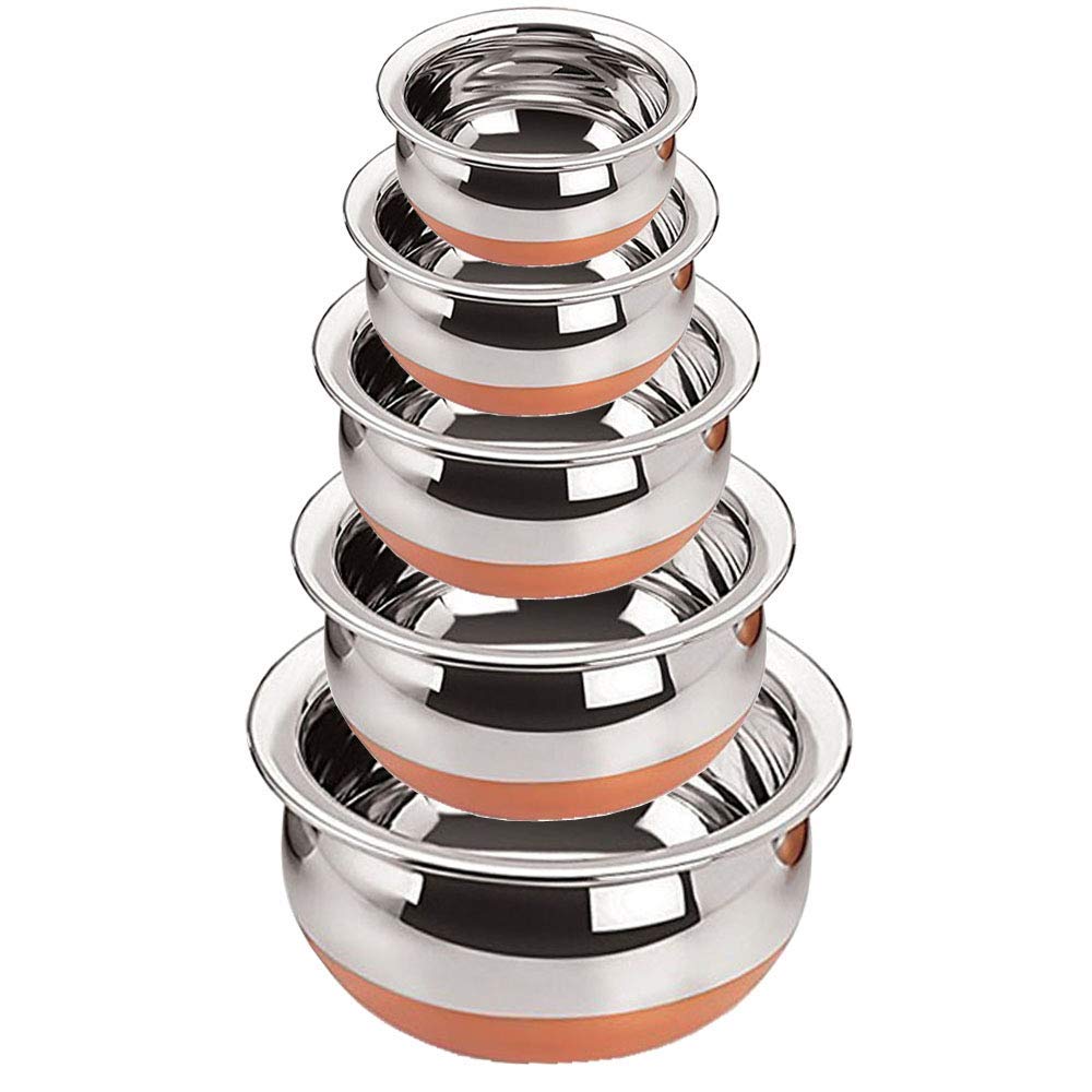 RJ kitchenware Store Serving Handi 5 Pcs. Set - Copper Bottom 400ml, 700ml, 1000ml, 1200 ml, 1500 ml. Stainless Steel Cooking Pot Biryani Punjabi Kitchen Serving, Bowl (5-Pieces) Stainless Steel Serving Handi Pack of 5 Stainless steel and copper combo set