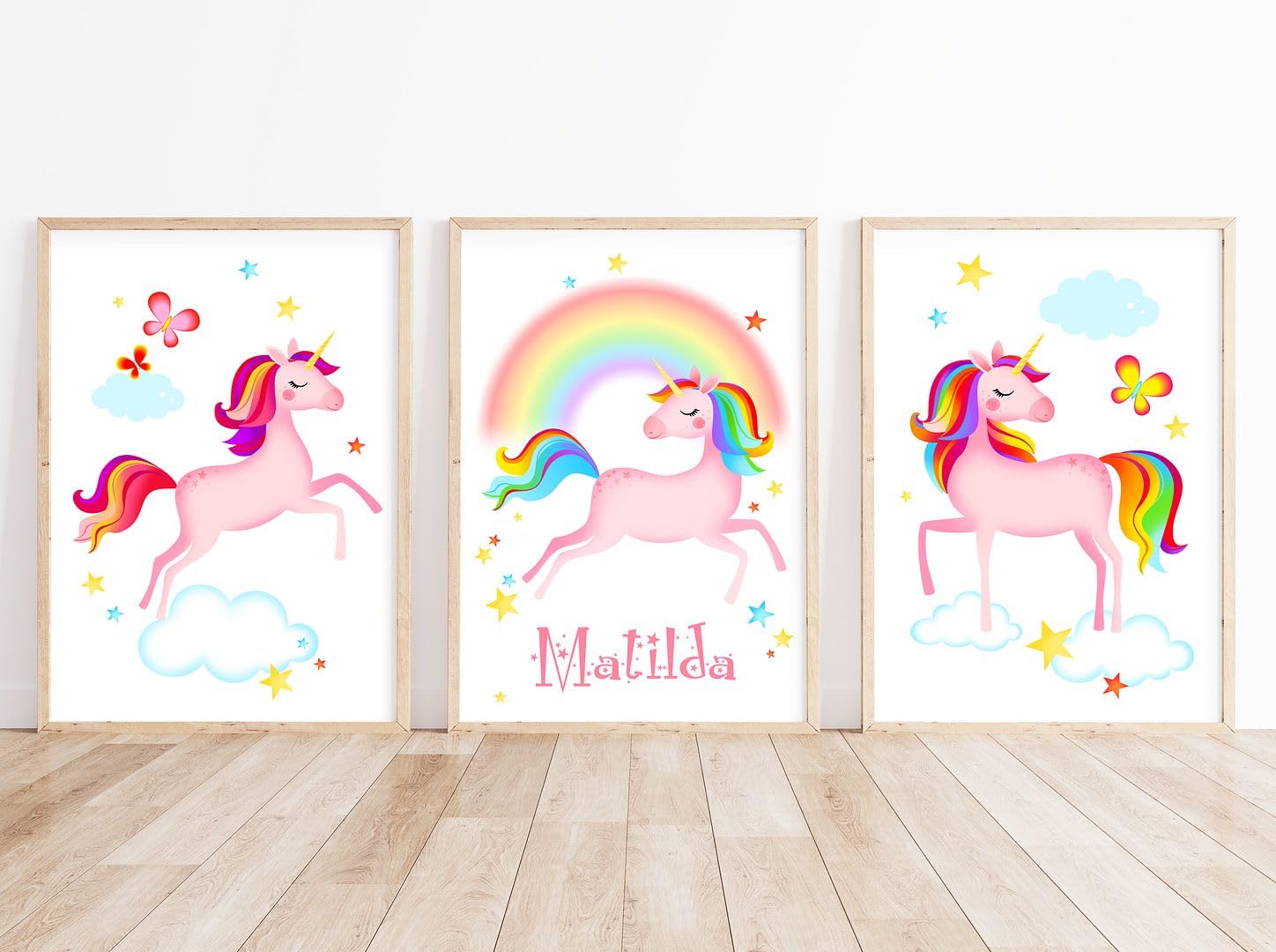 Rubybloom Designs Girls 3 Print Set - Personalised Personalised Rainbow Star Unicorn Prints - Unframed - Name Childrens Gift Wall Art Decor Picture Present Gift