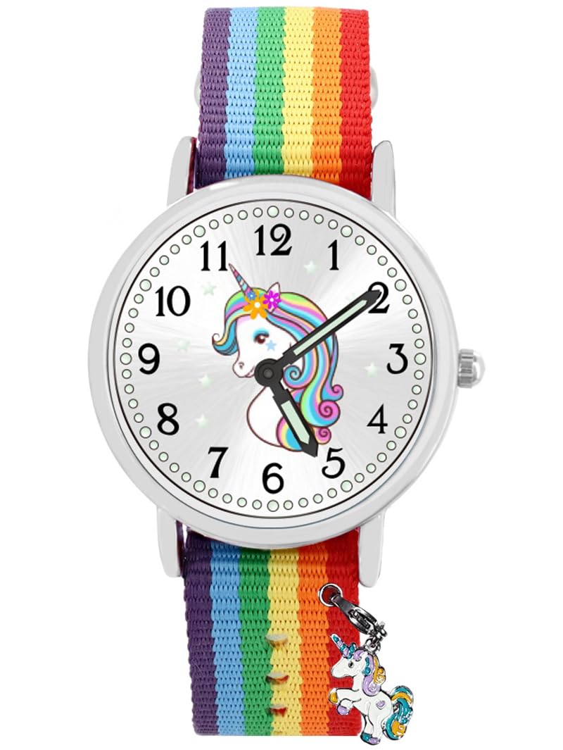 Geschenk Set Einhorn Armbanduhr Mädchen wasserdicht Bettelarmband 4 emaillierte Anhänger Unicorn Sammelbox Nylon Armband