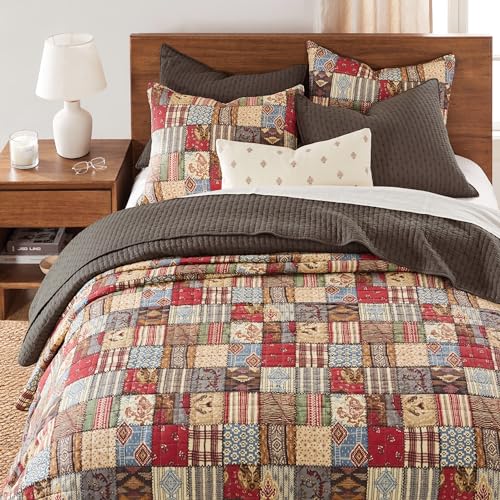 Levtex Home Cross Stitch Reversible Full/Queen Quilt Set (88x92in) with 2 Pillow Shams (26x20in) - Stitch Texture - Cocoa - Cotton Full/Queen Size Quilt Bedding Set - Lightweight, Soft, Pre-Washed by Levtex Home - Used condition - Image 2