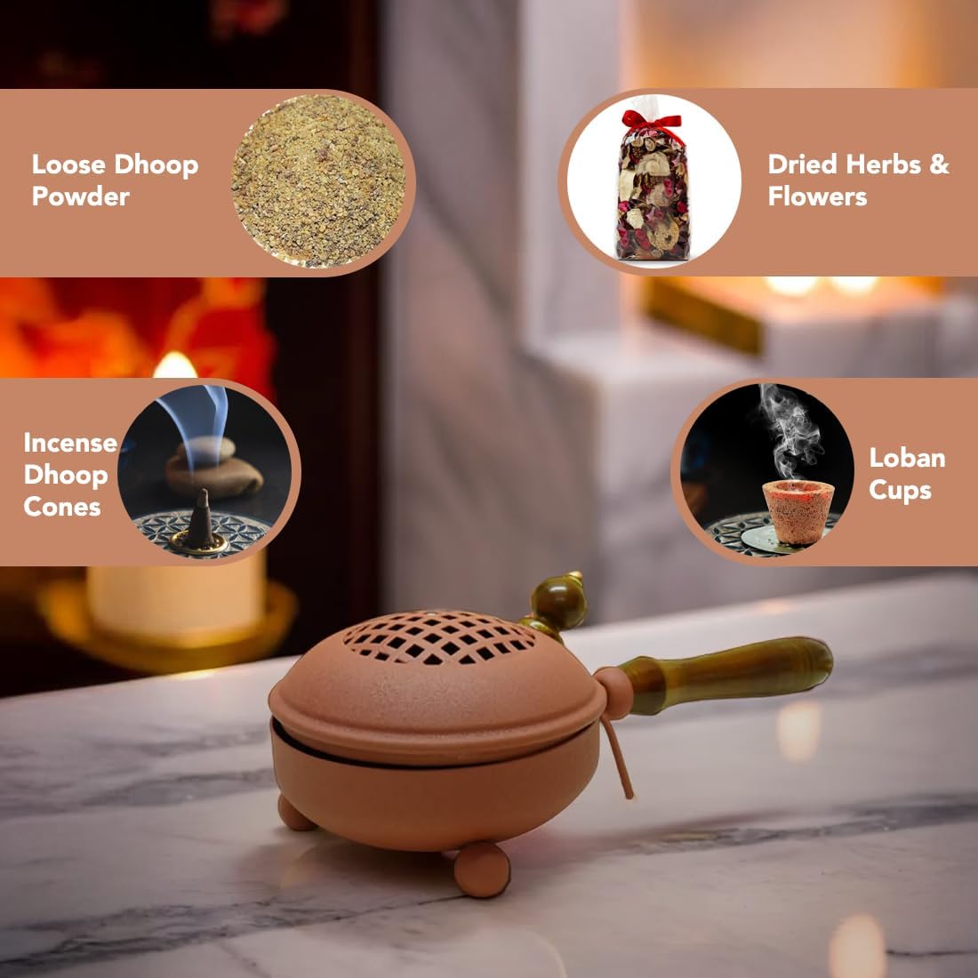 Ekhasa Metal Dhoop Dani Loban Burner Holder Stand for Home | Dhup Kapoor Dani for Puja with Wooden Holder | Sambrani Holder | Dhuni Burner Samrani Batti Stand for Pooja | Dhup Stand Incense Oud Burner