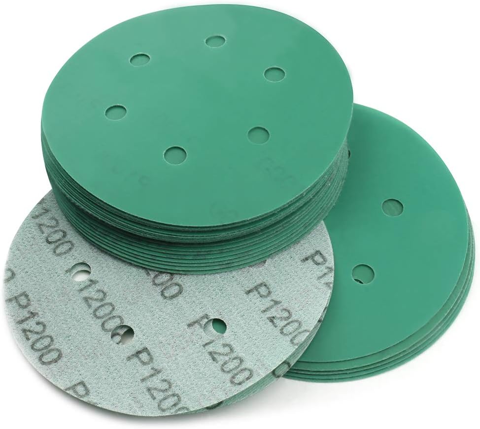 Sanding Discs 6 Inch,Green Film 6 Hole Dustless Hook and Loop Wet Dry 1200 Grit Sandpaper for Random Orbital Sander,Round Sand Paper for Woodworking and Automotive Metal Polishing Finishing,30 Pack