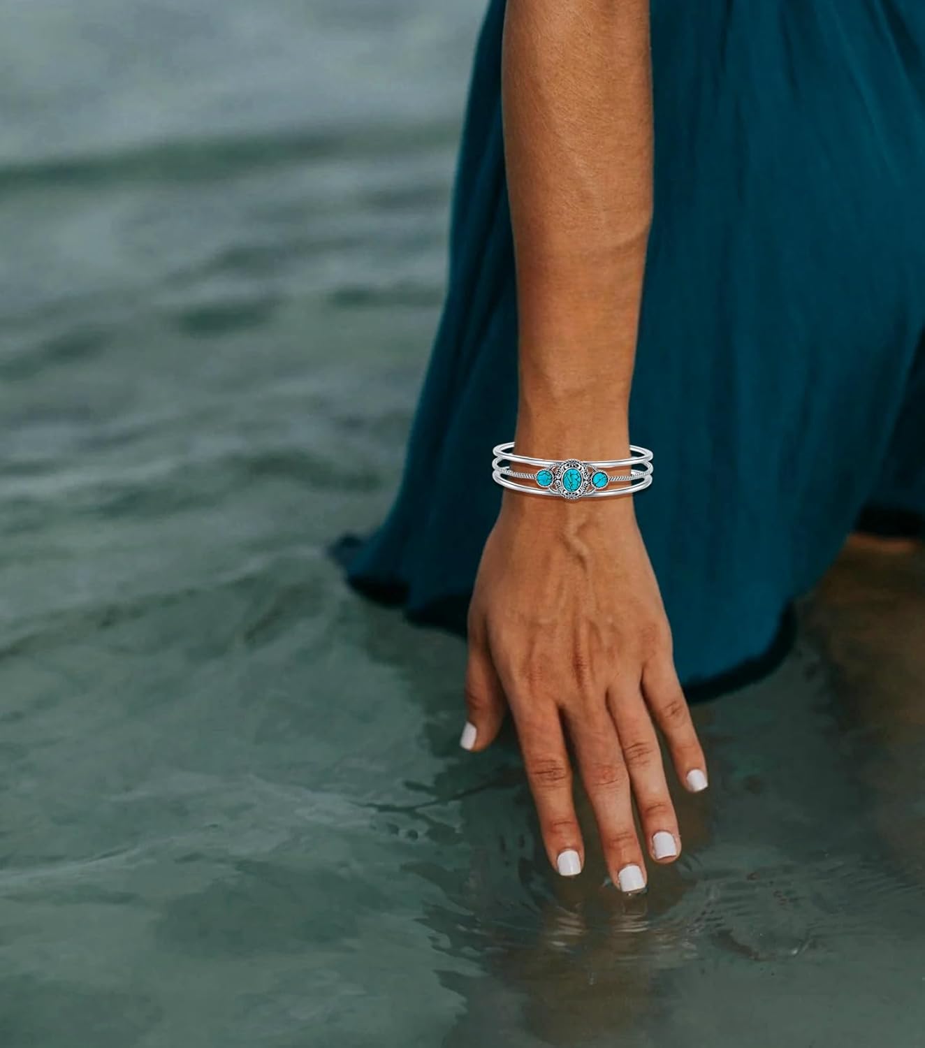 Genuine 3 Turquoise Stone Bracelet, Sterling Silver Boho Adjustable Bangle Cuff Native American Vintage Jewelry for Women, Fit for 6.5 7 7.5 Inches - Image 4