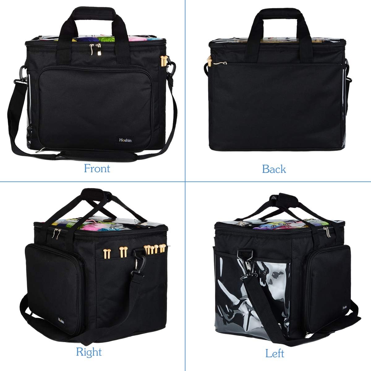 Hoshin Knitting Bag for Yarn Storage, High Capacity Yarn Totes Organizer with Inner Divider Portable for Carrying Project, Knitting Needles(up to 14”), Crochet Hooks, Skeins of Yarn (Black)