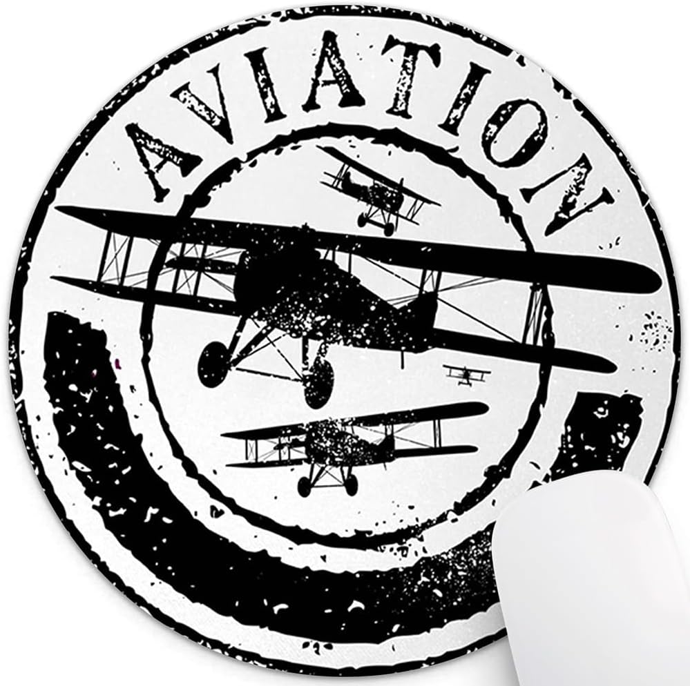 Airplane Aviation Silhouette Round Mouse Pad, Retro Stamp Circular Desk Mat