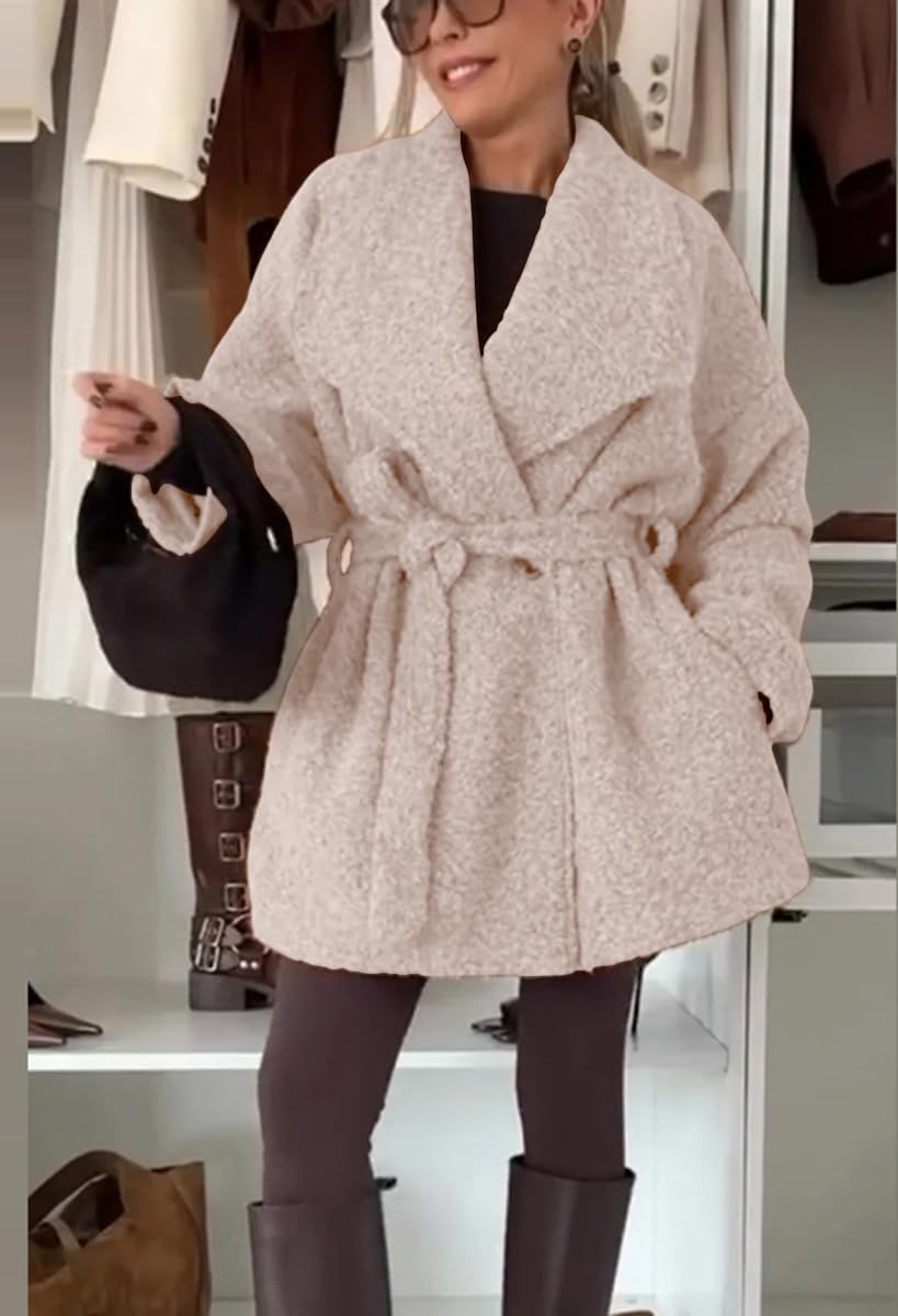 chouyatou Women's Shaw Collar Belted Winter Wool Coat Double Breasted Fuzzy Midi Long Wool Peacoat Overcoat