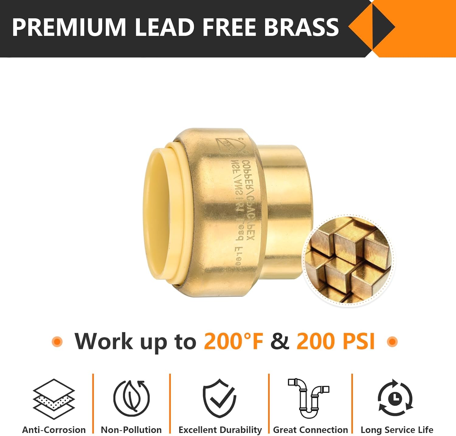 HeSun 10-Pack Pushfit Plug (End Cap), 3/4-Inch Push to Connect Plumbing Fittings with Disconnect Clip, Brass Push-fit Fittings for PEX, Copper, CPVC, PE-RT Pipes