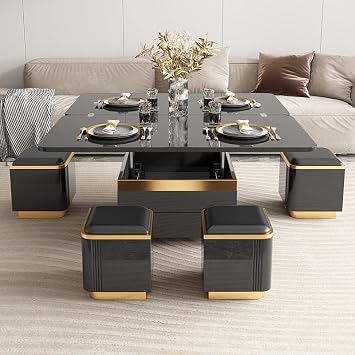 Multifunctional Elevating Table Top Adjustable Height Adjustable Table Elevating Table Dining Table Large Capacity Storage Coffee Table Home Office Single Item + 4 Stools