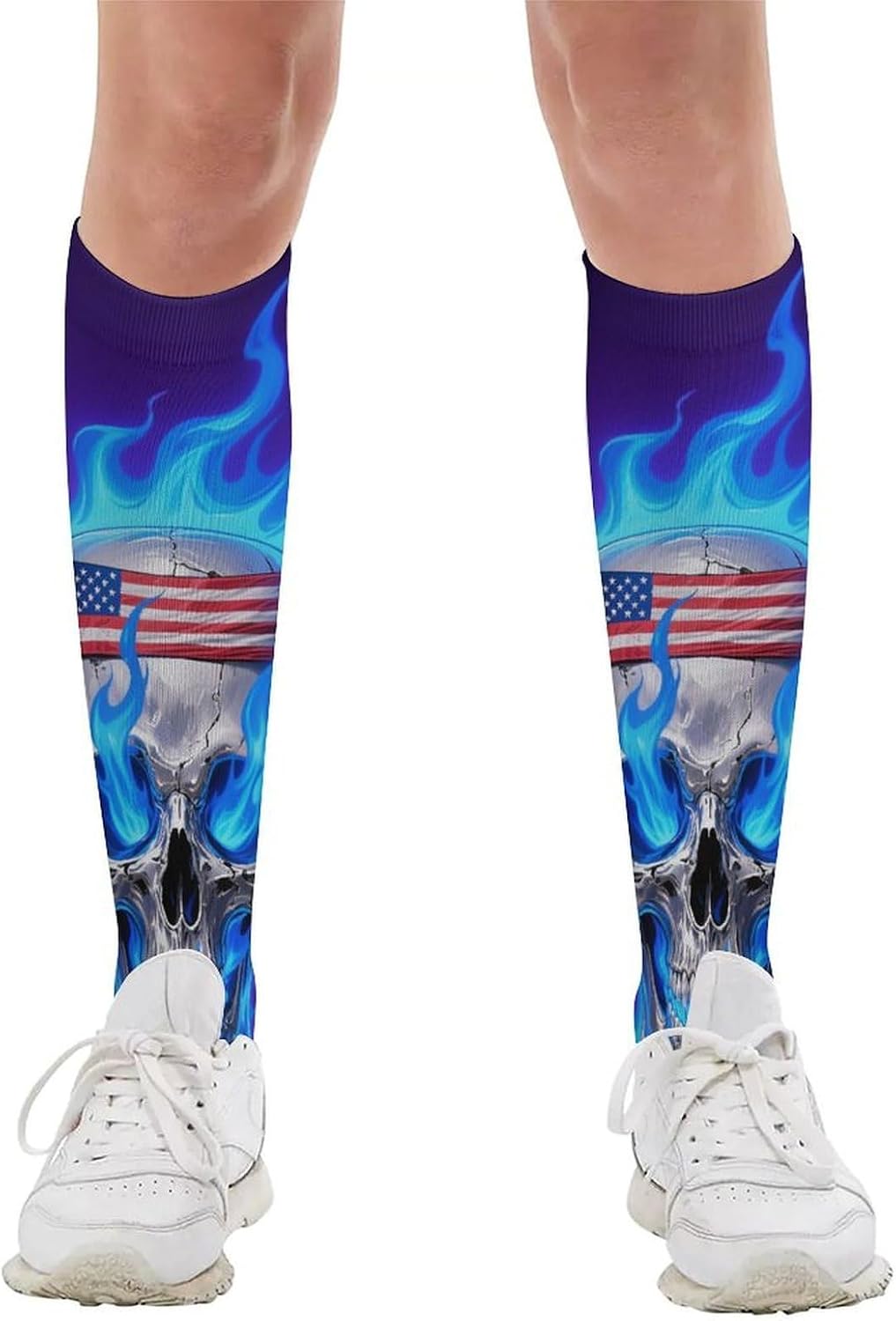 Fire USA Flag Skull Knee High Soccer Socks Moisture Wicking