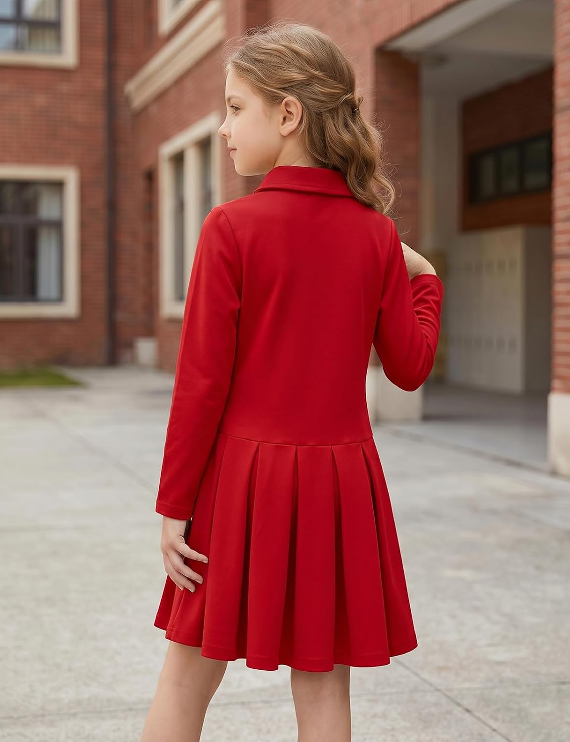 Noomelfish Girls Long Sleeve Polo Dress School Uniform Pleated Dresses (5-12 Years) image 2