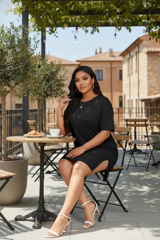 FANDEE Women's Casual Mini Dress Short Sleeve Stretchy Tight Fitted Bodycon Dress with Side Split Hem - Image 3