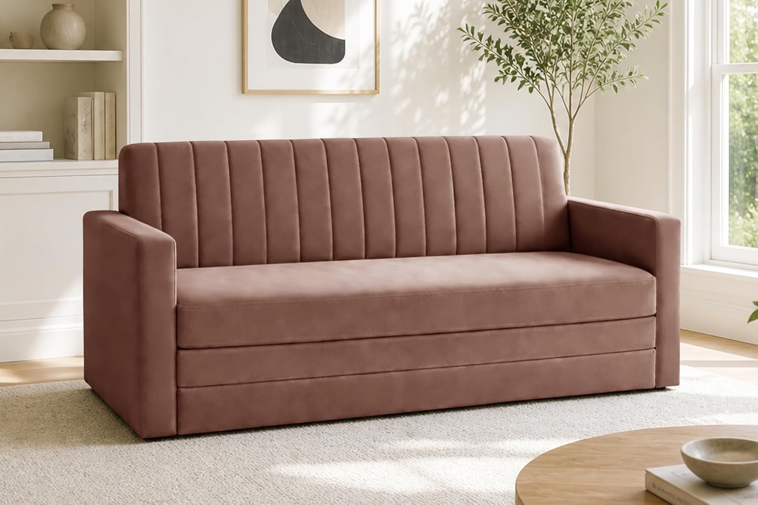 Ministry of Décor Modern 3 Seater Sofa Cum Bed with Armrest, Velvet Fabric Couch for Living Room, Space Saving Foldable Sleeper Sofa - Brown Color