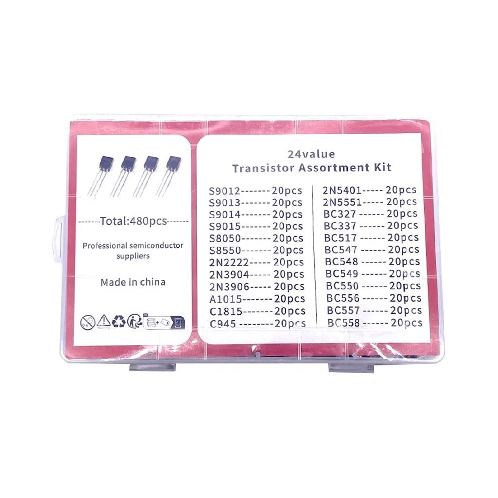 200PCS TO-92 Series Transistor Set 20pcs of each of 10 sizes BC327 BC337 BC517 BC547 BC548 BC549 BC550 BC556 BC557 BC558(24Values-480pcs)