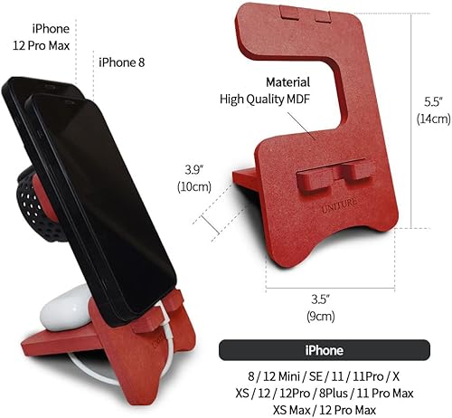 Miniatura 6 de Soporte de madera para teléfono celular para escritorio, color negro, soporte de madera MDF compatible con iPhone, Apple Watch y AirPods Premium