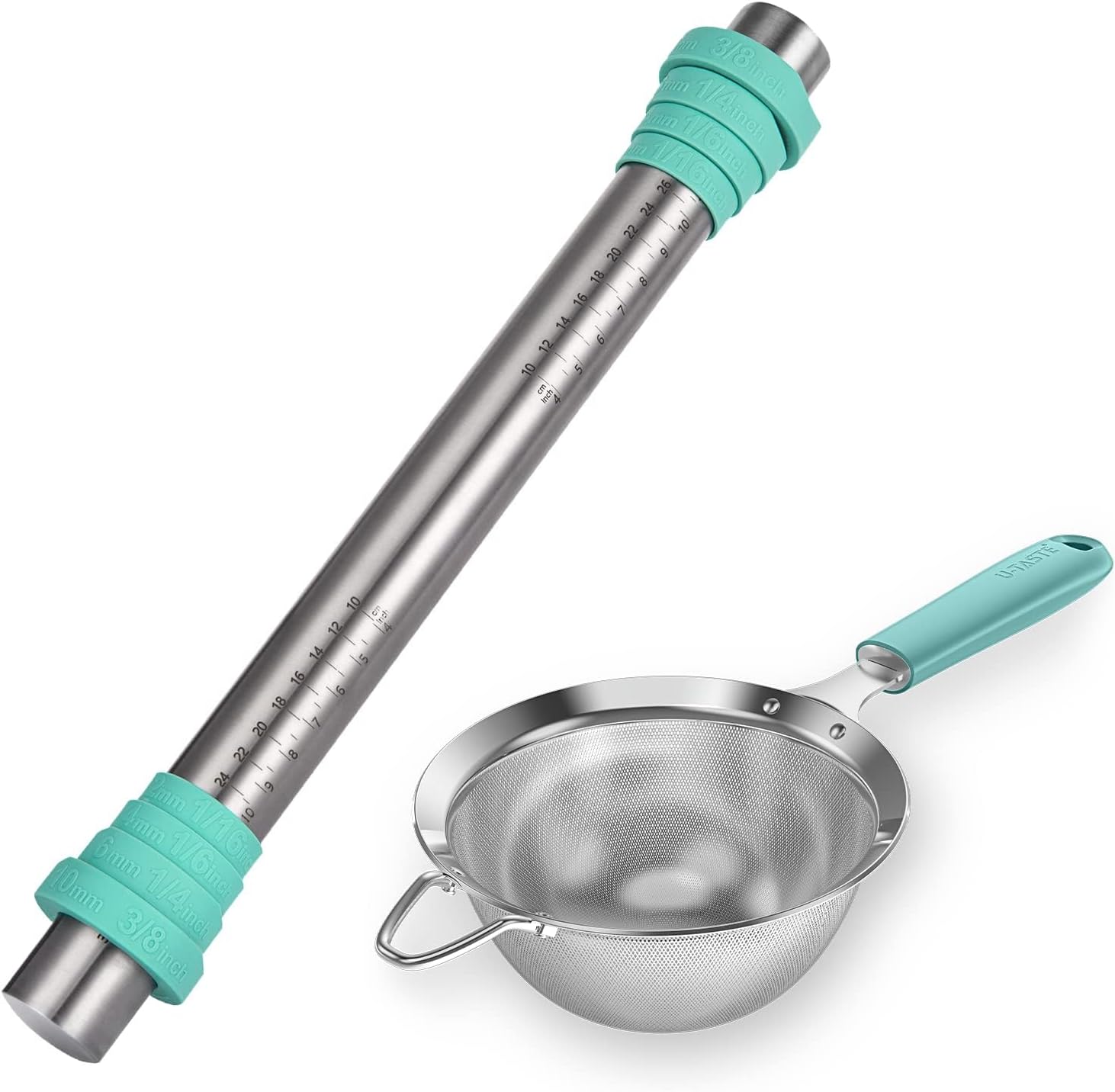 U-Taste 18/8 Stainless Steel 16 inch Nonstick Rolling Pin, and 18/8 Stainless Steel 5.5 inch 30 Mesh Strainer (Aqua Sky)