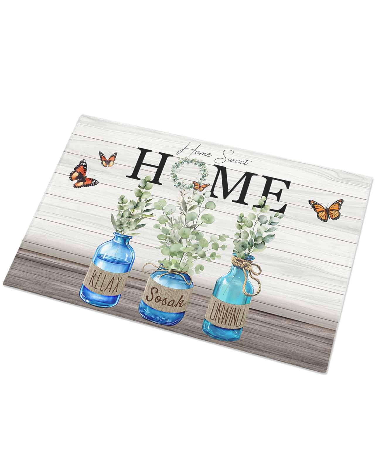 Indoor Doormat Farmhouse Eucalyptus Leaf Bottle,Shaggy Floor Mat with Non-Skid Backing Retro Rustic Butterfly on Wood,Machine Washable Plush Area Rug Carpets for Kitchen Nursery Bedroom
