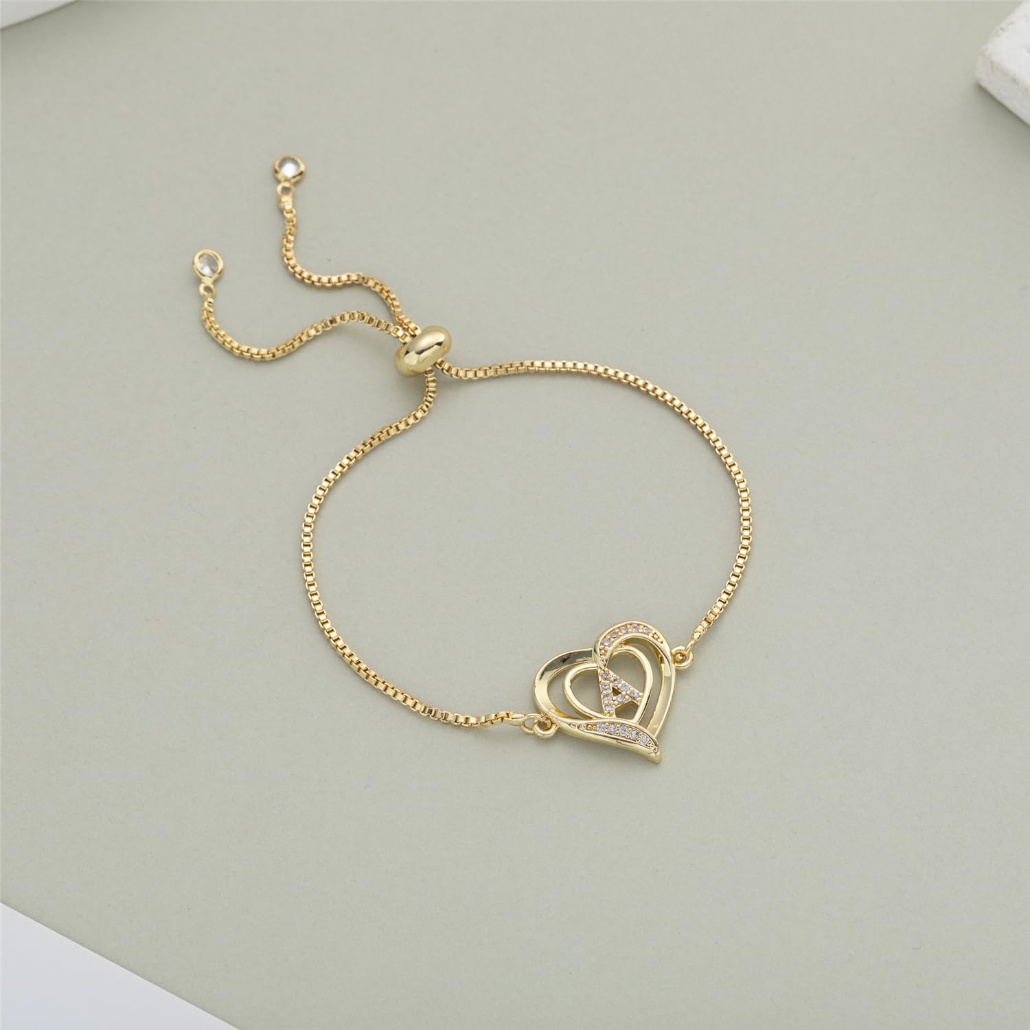 14K White Gold Plated Initial Heart Bracelet for Women Zircon Inlay Heart Initial Charm Bracelets Adjustable Minimalist Jewelry - Image 4