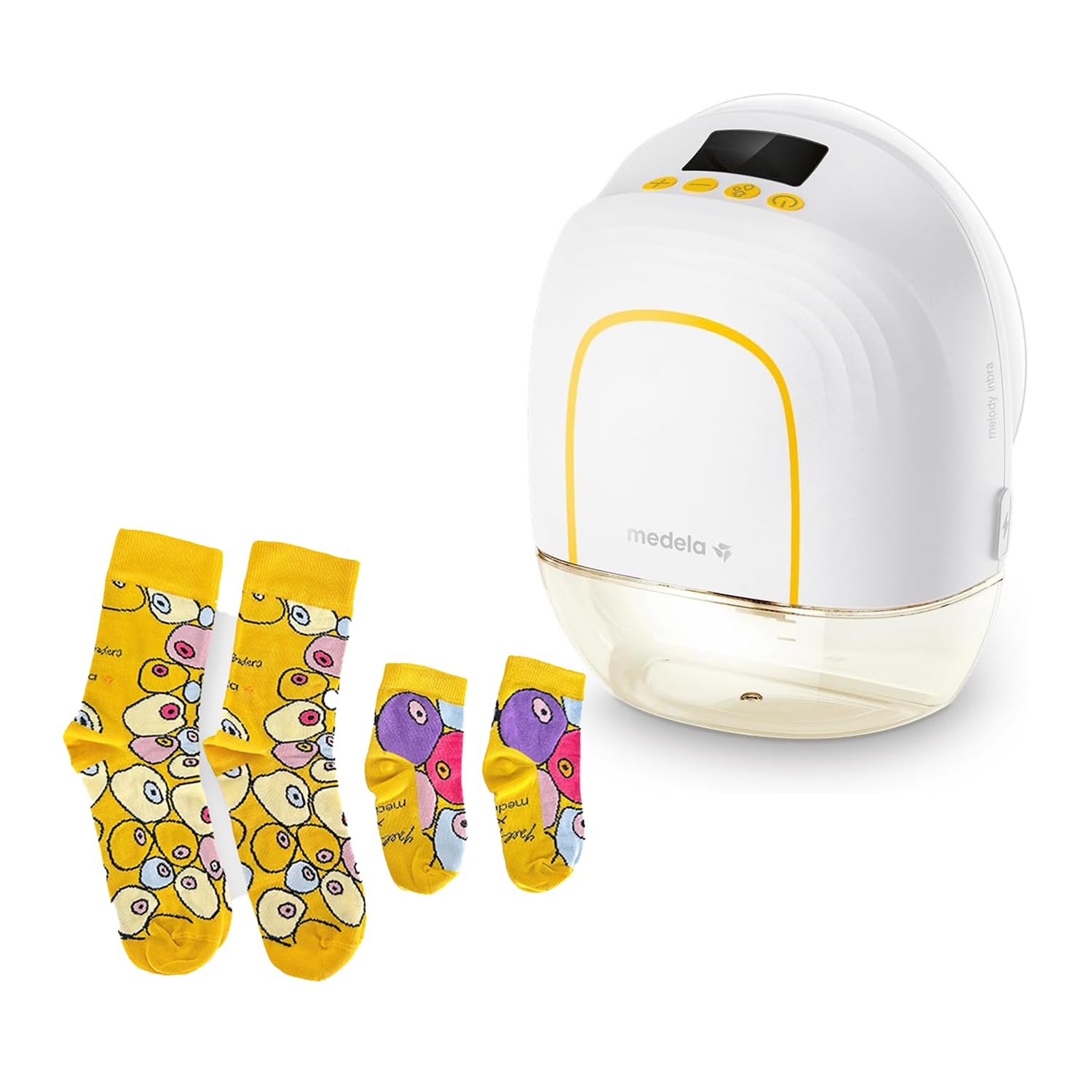Set Medela Melody InBra Tragbare Einzelmilchpumpe + Medela Mama-Baby-Socken, Limitiert, von Schweizer Künstlerin Yael Anders, Teil der Kampagne „With You, Every Step of the Way”