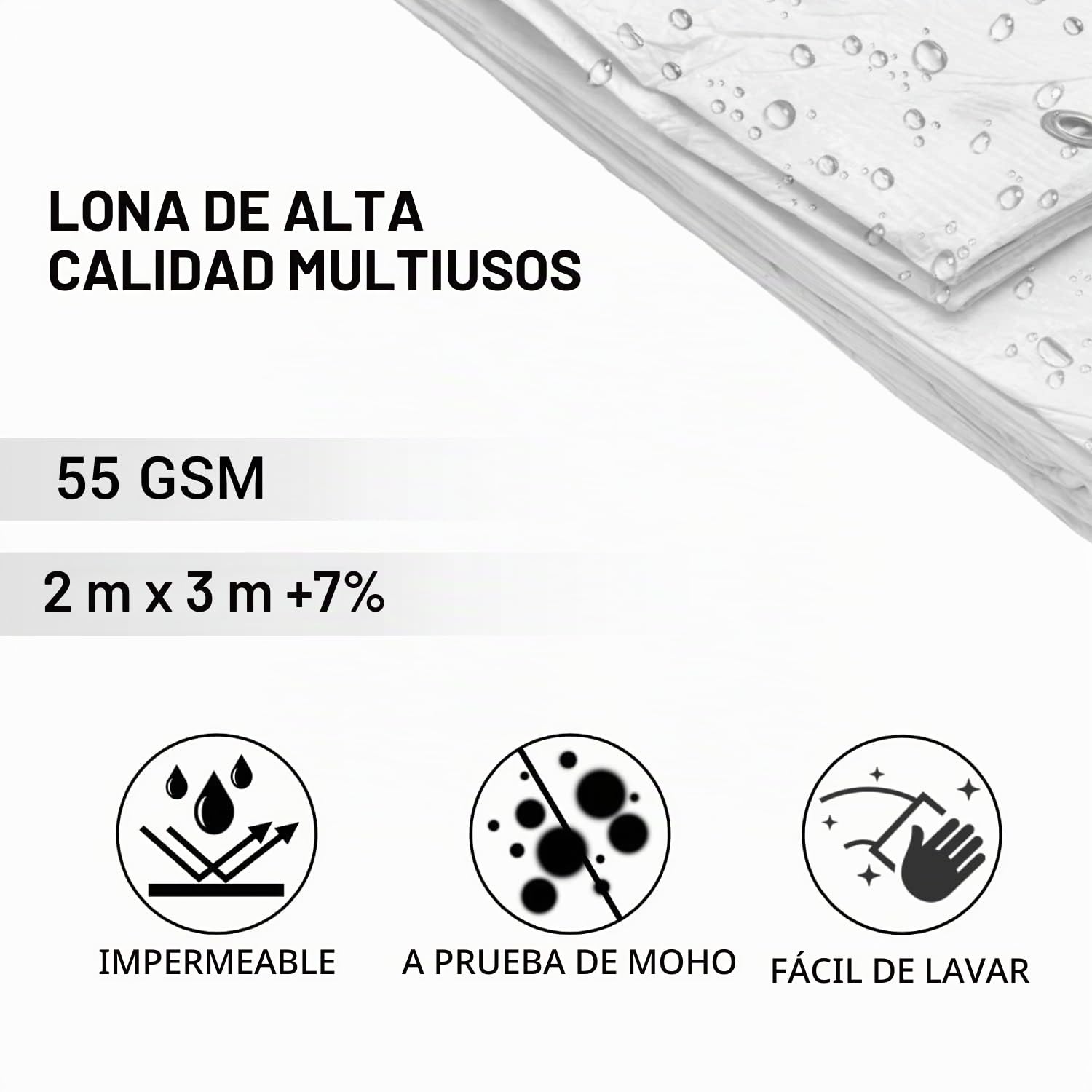 SKIR'CO Lona blanca de 4 x 5 m, impermeable, 55 g/m2, con ojales, lámina protectora para coche, multiusos, color blanco