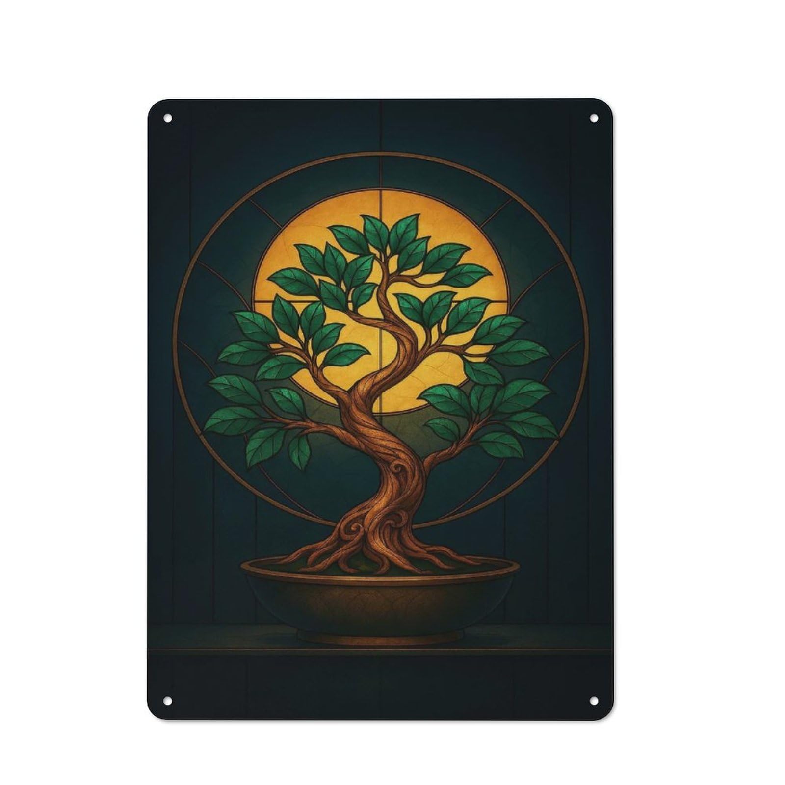 Junmoney Style-14 For Home Office Or Studio, Bonsai Tree Stained Glass Style Art Retro Tin Wall Plaque 40X30cm, A Housewarming Gift For Creative Workspace Decorators