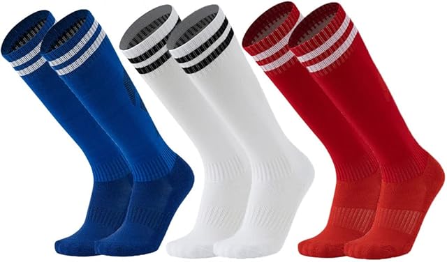 3 Pairs Kids Football Socks, Boys Football Socks Non Slip Football Socks, Long Thick Towel Bottom, Breathable and Sweat absorbent, for children aged 5-12