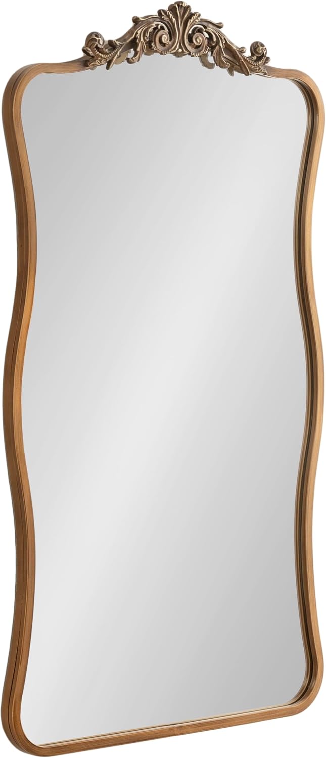 Kate and Laurel Arendahl Glam Wavy Arched Panel Mirror, 24 x 42, Gold, Traditional Baroque Scalloped Large Body Wall Mirror with Ornate Garland Inspired Crown