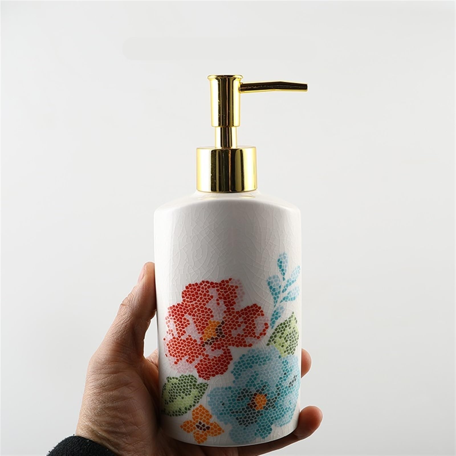 Dispensador de jabón Loción de cerámica líquida de 260 ml con diseño único de glaseado de Hielo craquelado, Flores Rojas y Azules, Reutilizable y rellenable.