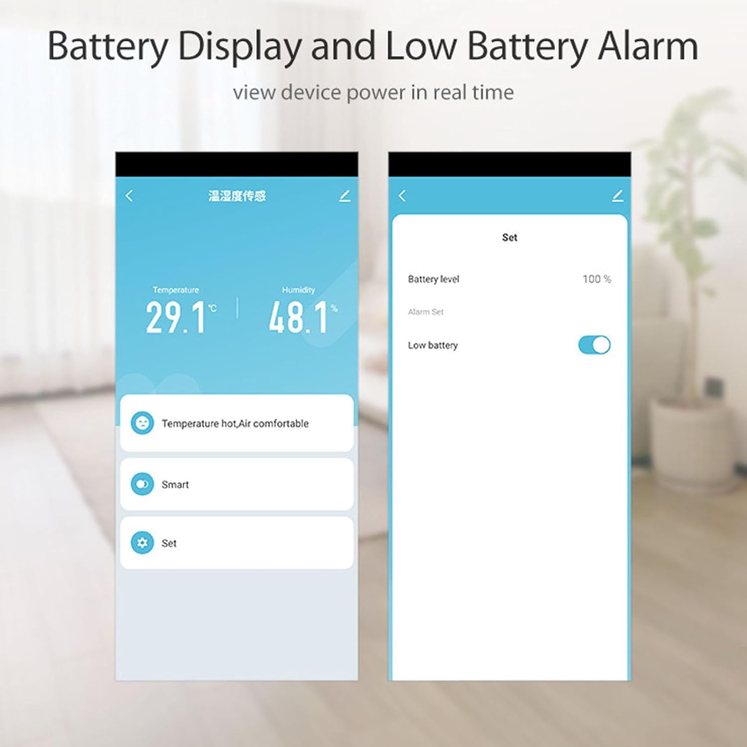 App interface showing battery level and low battery alarm settings