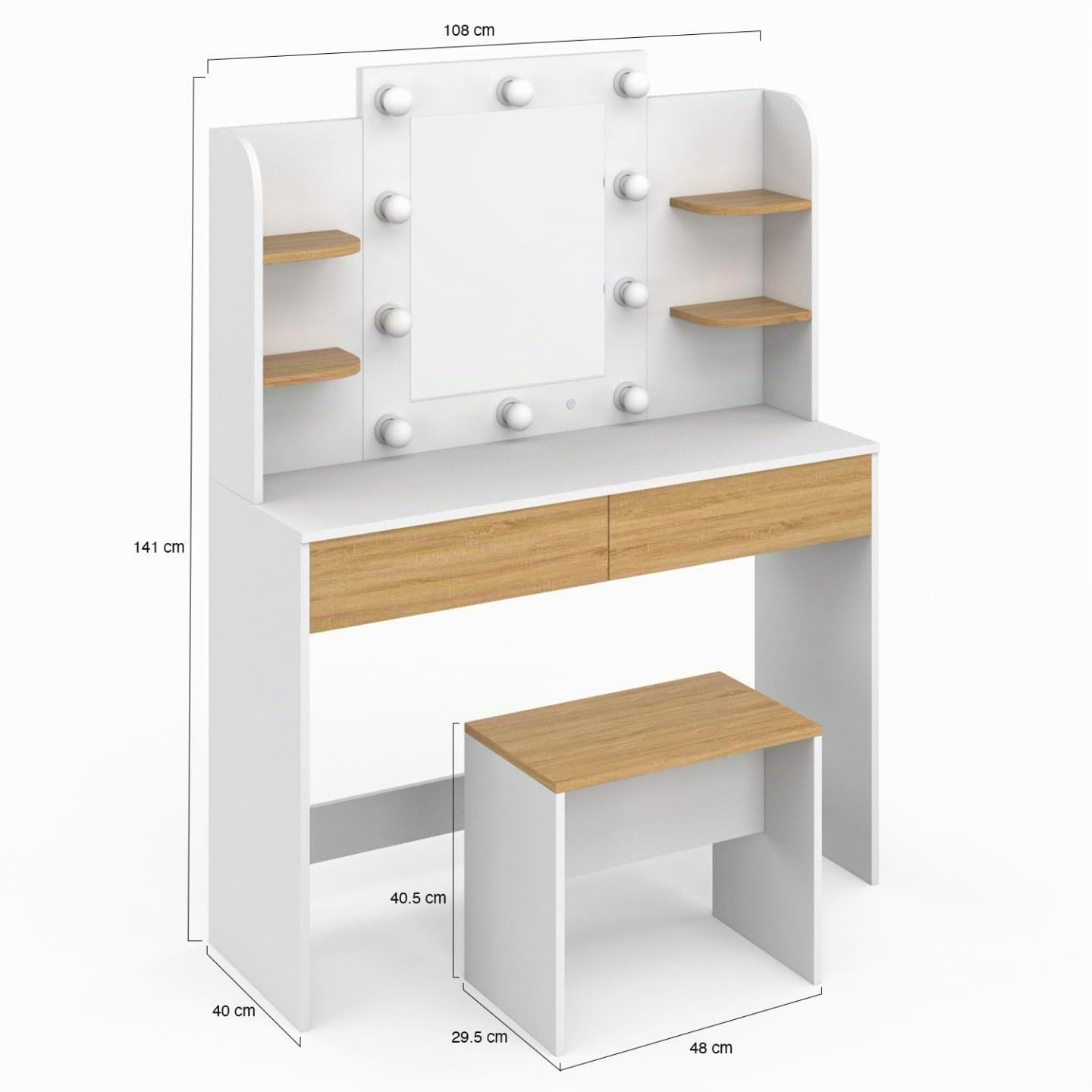 IDMarket - Coiffeuse Zelia Blanc et hêtre Miroir LED