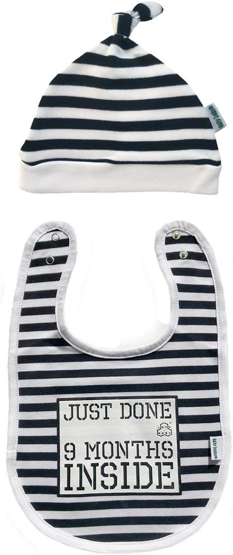 Just Done 9 Months Inside New Born Baby Essentials Funny Baby Gifts Unisex Bib and Hat Baby Bundle Newborn Black and White Stripes