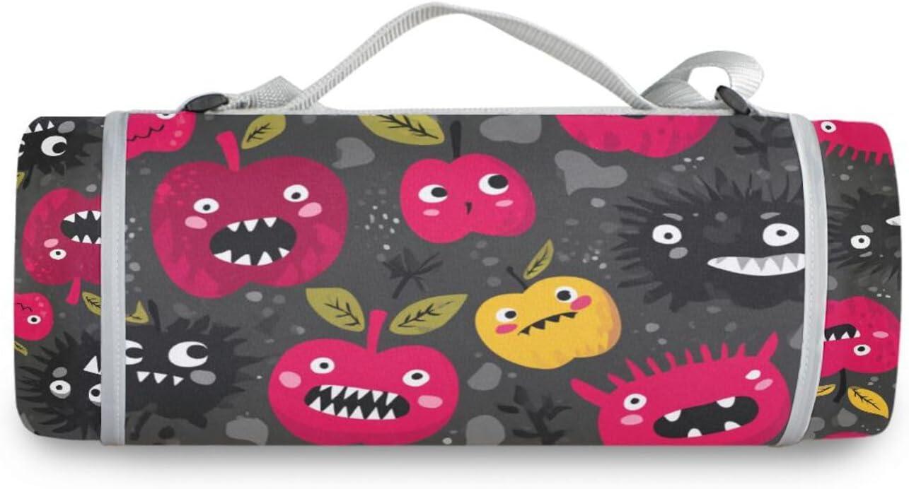 Round Beach Blanket - Fits 2 Adults, Summer Accessories Sand Free Foldable Mat for Beach Mat or Family Outdoor Camping Party 58 in (Monsters Fruit Gray Red)