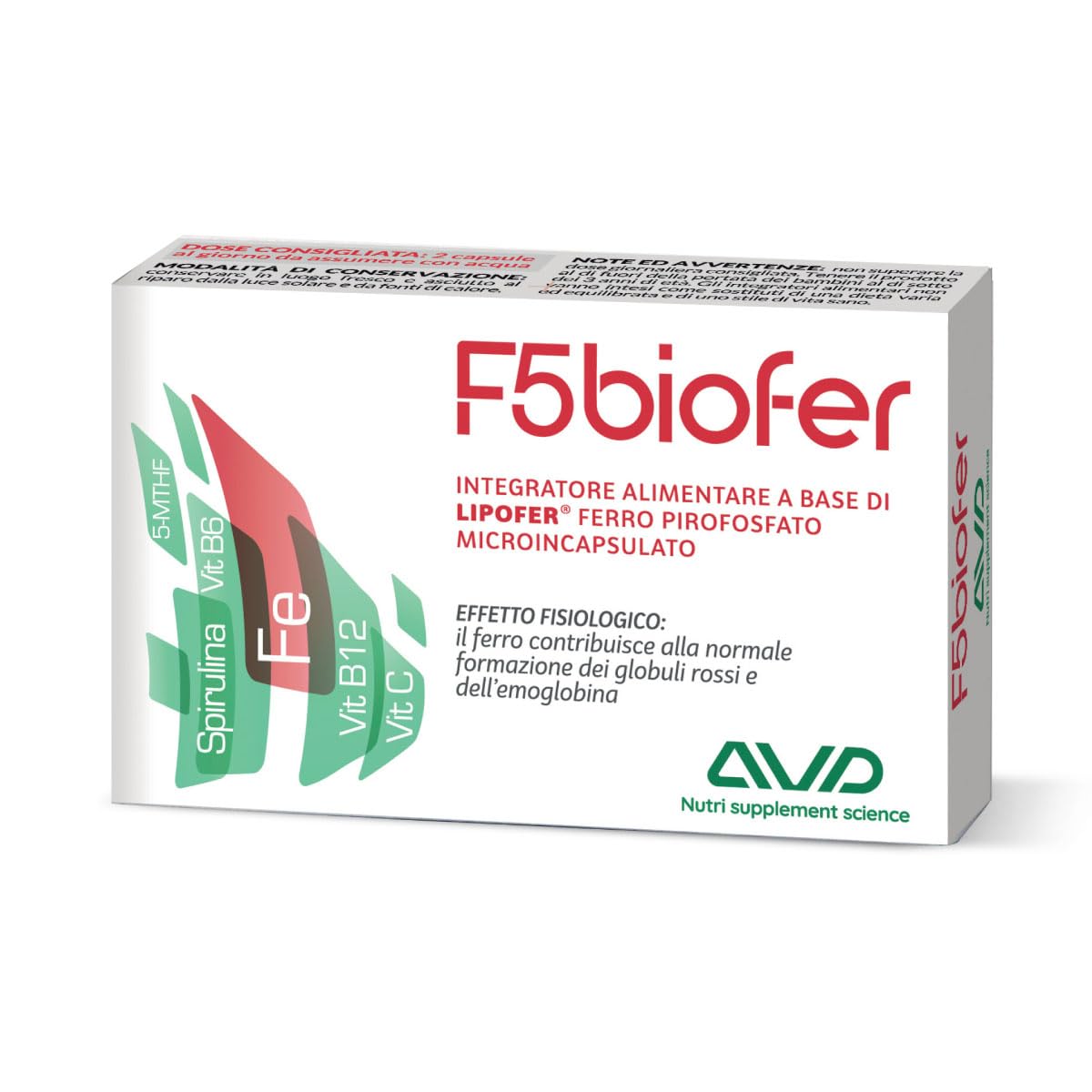 AVD REFORM | F5 Biofer – Integratore di Ferro Pirofosfato microincapsulato con Alga Spirulina arricchita in capsule – 30 cps – Prodotto in Italia