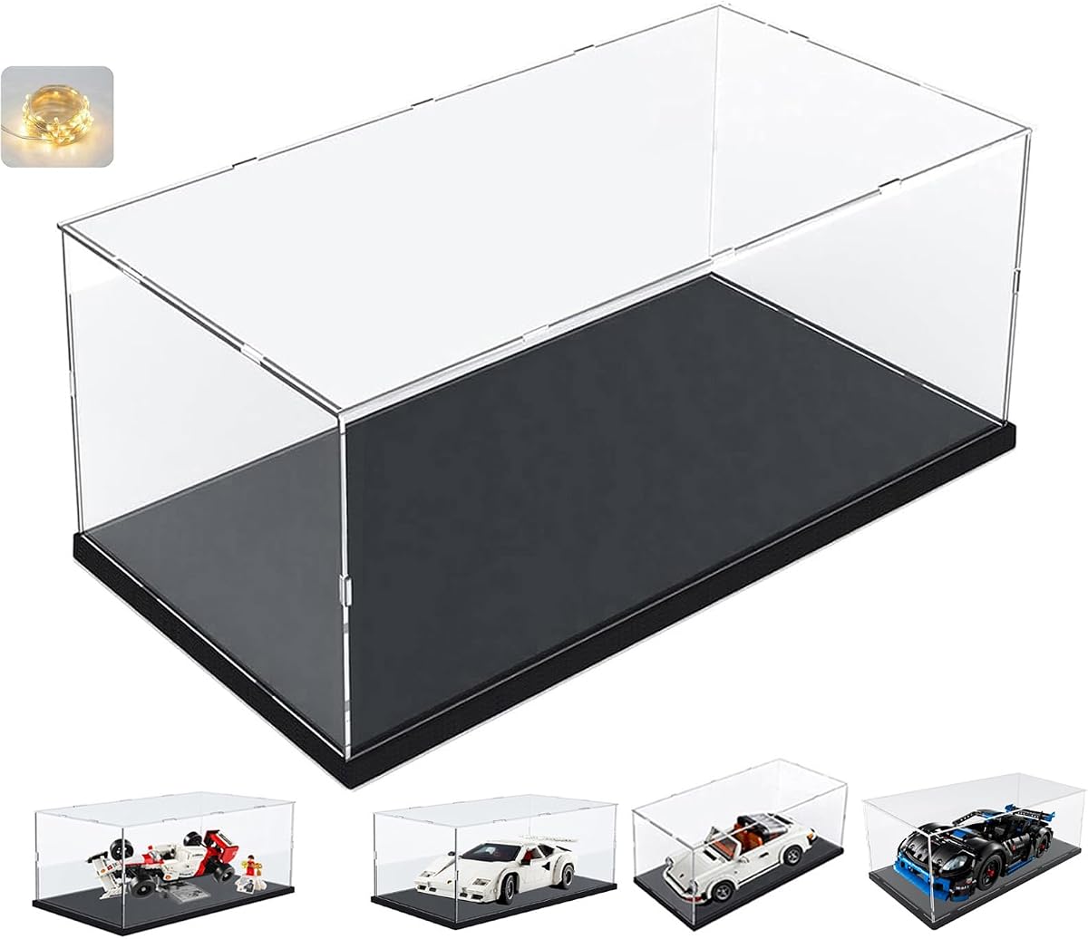 Thickened Clear Acrylic Display Case for Lego 10295 10337 10330 10353 76450 42176 43268 42170 42160 10300 Collectibles 1/18 Rc Car, Transparent Box Dustproof with Light, Black Inside 15.7x7.9x7.9in