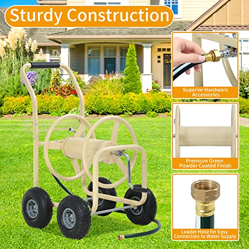 Blkmty Garden Hose Reel Cart With Wheels Heavy Duty Hose Reels Cart Water Hose Cart Holds 300-Feet Of 5/8" Hose For Yard Water Planting Outdoor Garden Lawn Water Truck W/Storage Basket, Tan #TOP1