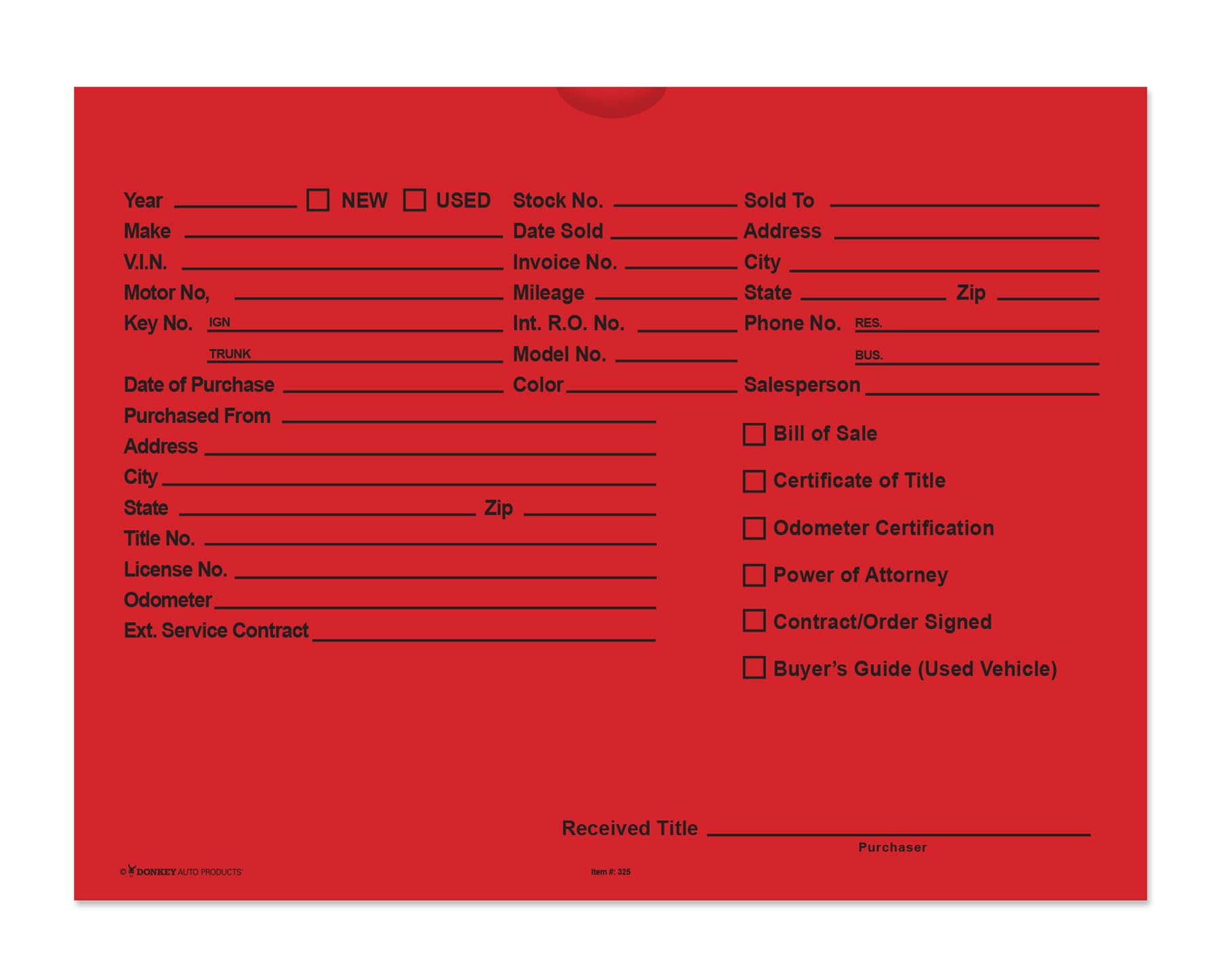 Printed Vehicle Deal Envelopes 9x12 Deal Jackets (100 Shrink Wrapped) (Red) โ image 1