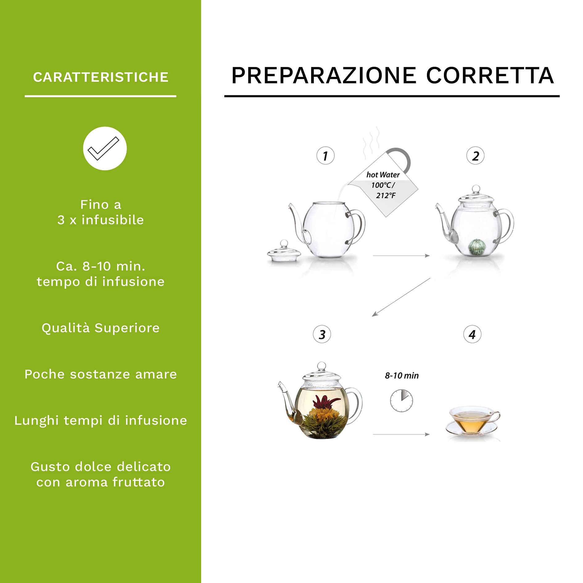 Creano - Fiori di Tè Verde Set Regalo con Teiera di Vetro 500ml - 6 varietà di Tè Fiorito - con sfere che si trasformano in fiori, idea regalo per Natale