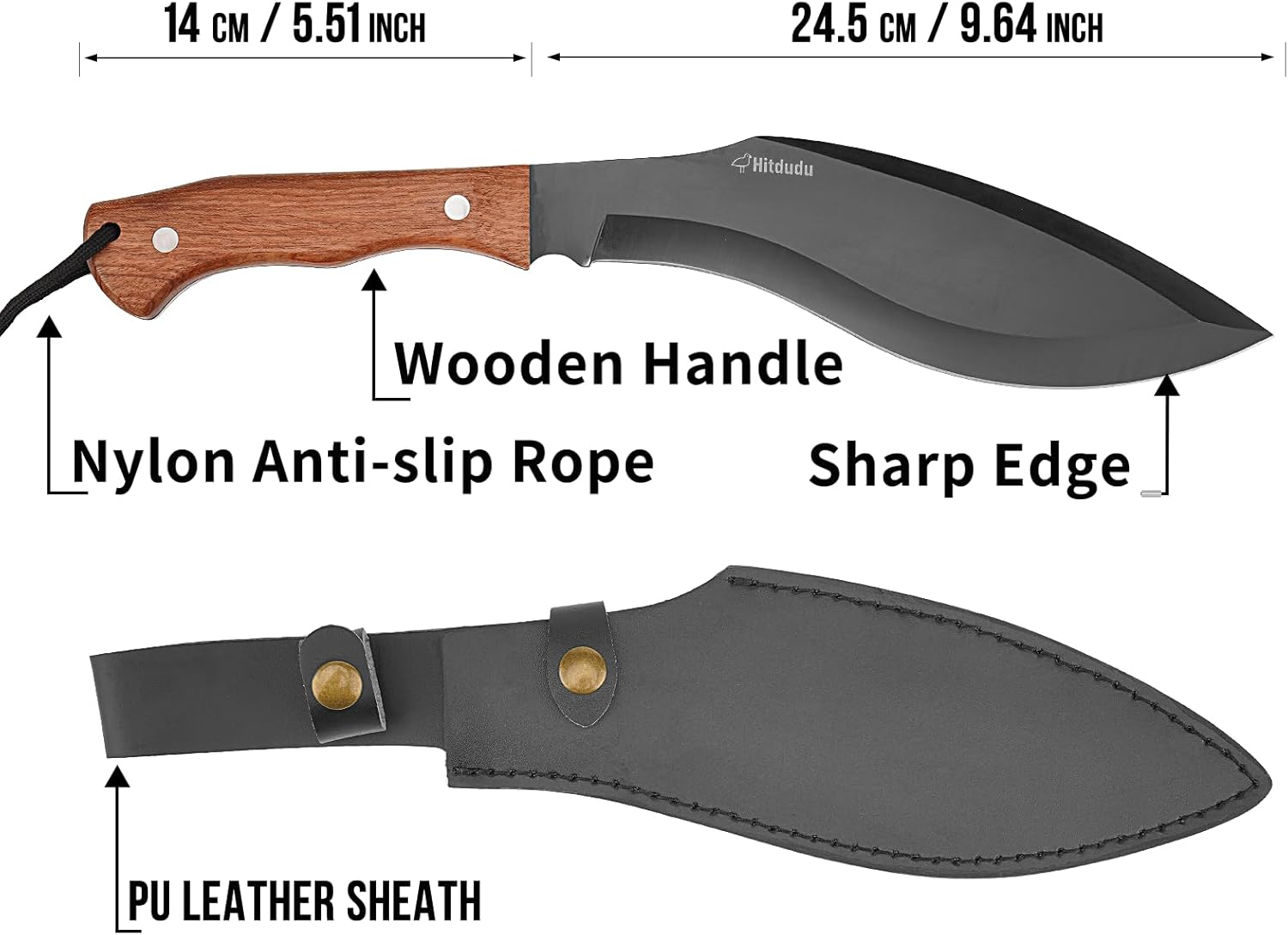 Survival Hunting Knife with Leather Sheath, 15 inches Fixed Blade Tactical Kukri Knife for Camping, Outdoor, Bushcraft - Image 2
