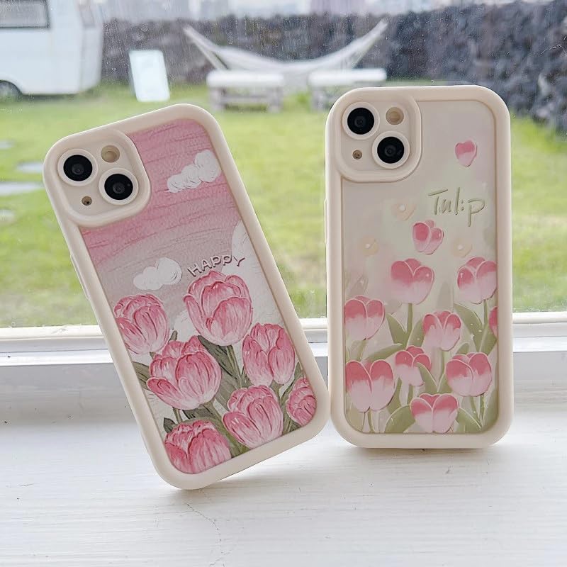 Image of COVERLY Tulip Flower Back Case Cover for iPhone 12 Pro | Hot 3D Floral Pink Cute Design | Camera Lens Protection | Soft TPU Silicone Fashion Aesthetic Print Cover for Girls & Women (Beige, Shockproof)