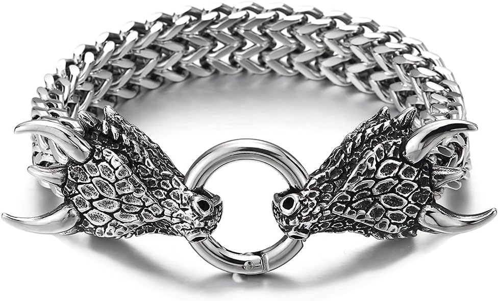 COOLSTEELANDBEYOND Men's Stainless Steel Dual Dragon Head Bracelet, Heavy Double Wheat Chain Bangle, Fierce Mythological Jewelry, Bold Industrial Rocker Accessory, Gift for Him - Image 2