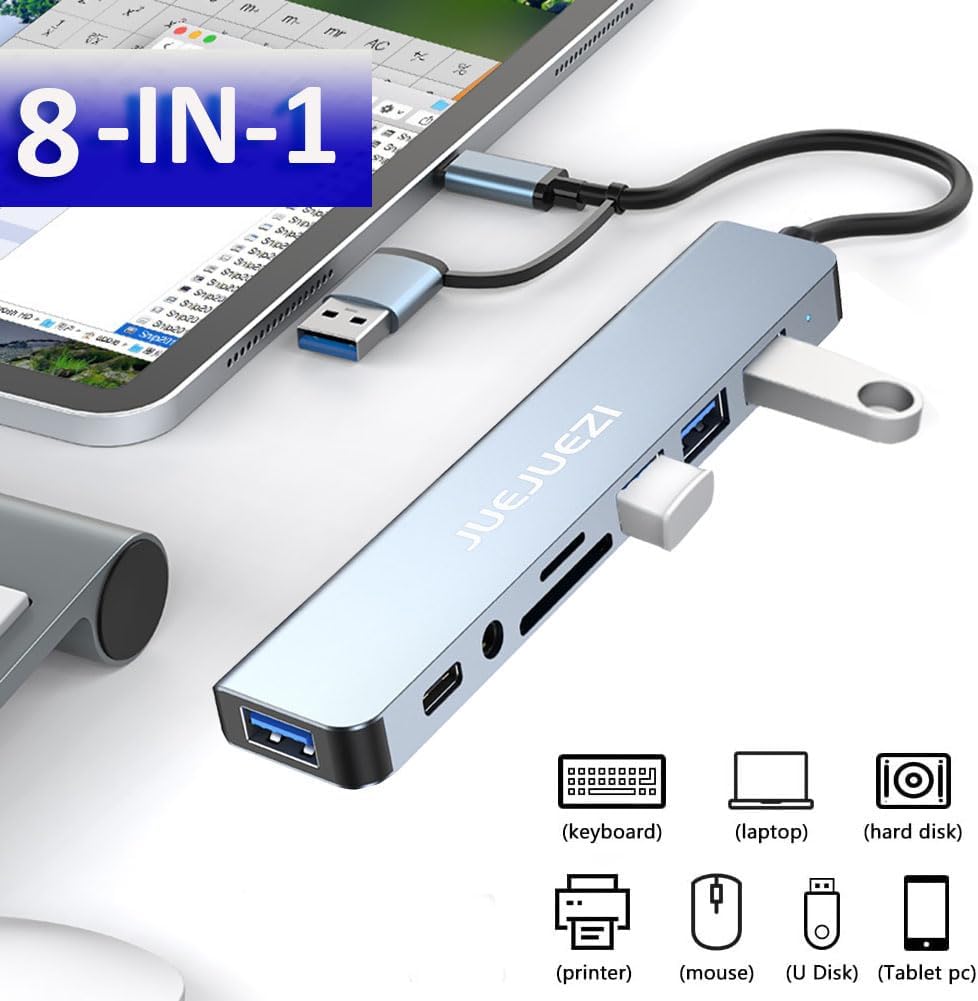 JUEJUEZI USB Hub 3.0 Multiport Adapter 8 Port, Aluminum USB & USB C Hub 3.0 Expander Splitter 8 in 1 Fast Date Transfer, Audio and TF/SD Ports, for MacBook Pro/Air, Pad Pro/Phones 15 pro/Laptop image 3 of 9 B0CY59H72G