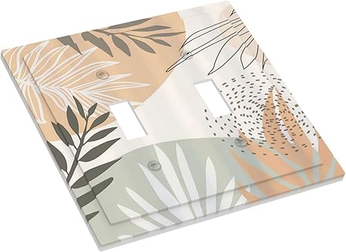 Miniatura 3 de Placa de interruptor de luz de 2 cuadrillas con hoja verde bohemia de mediados de siglo, diseño bohemio tropical de doble palanca, placa frontal