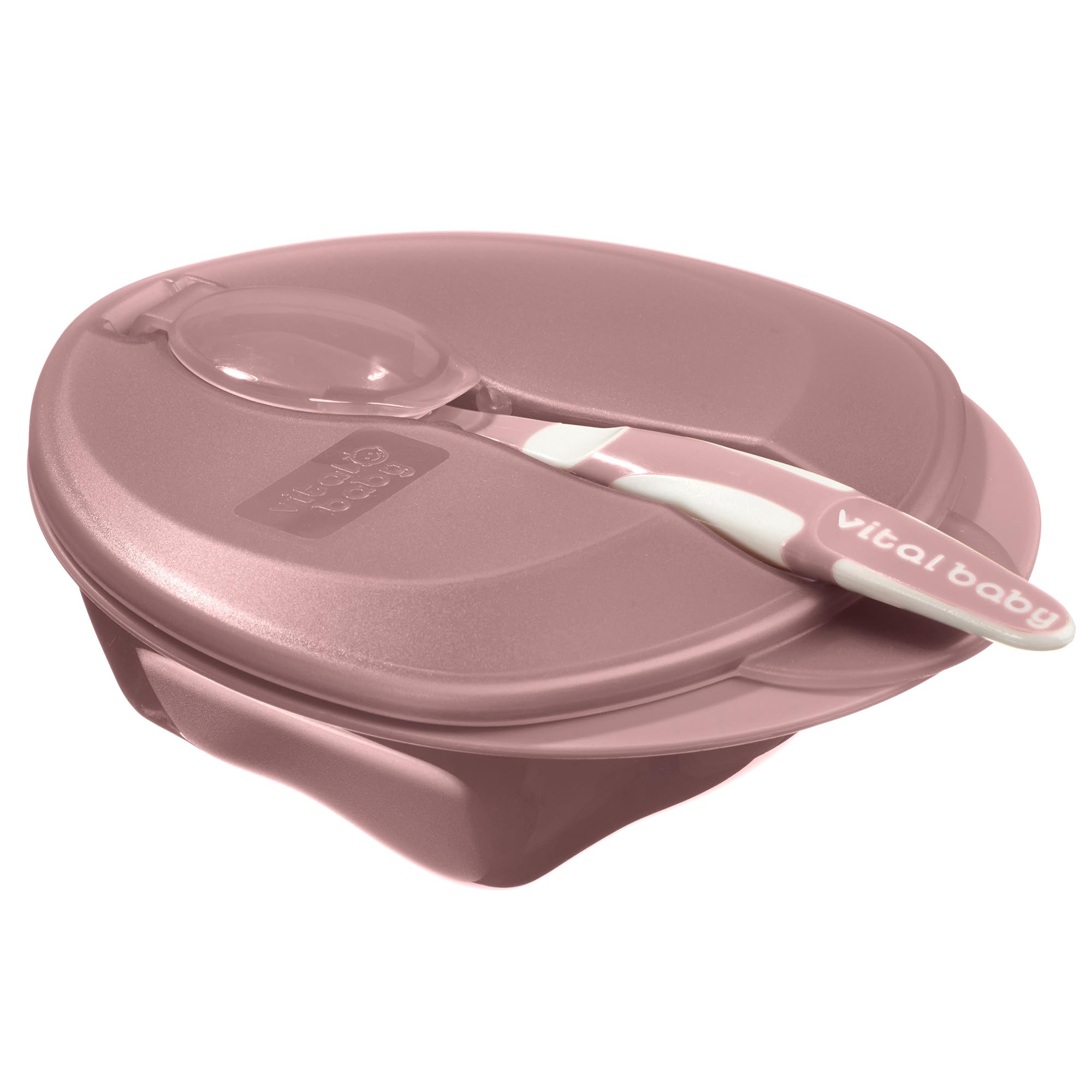 Vital Baby Nourish Weaning Bowl with Lid & Spoon 6m+, Berry Pink, Food Mashing Zones, Soft Spoon Tip, EarthSmart Biodegradable, BPA-Free & Portable with Hygienic Spoon Cover
