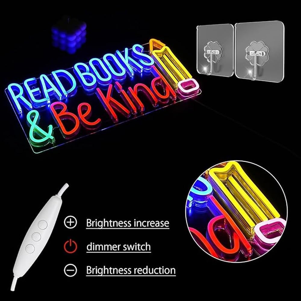 Neonreklame im Klassenzimmer mit der Aufschrift „Bücher lesen und