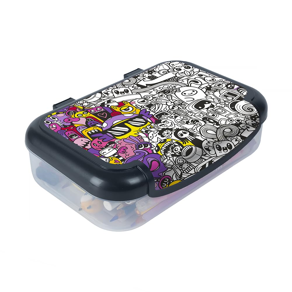 ZIPIT Recycled Plastic Pencil Box for Girls, Large Capacity Pencil Case for School, Durable Stationery Organizer Box, Doodles
